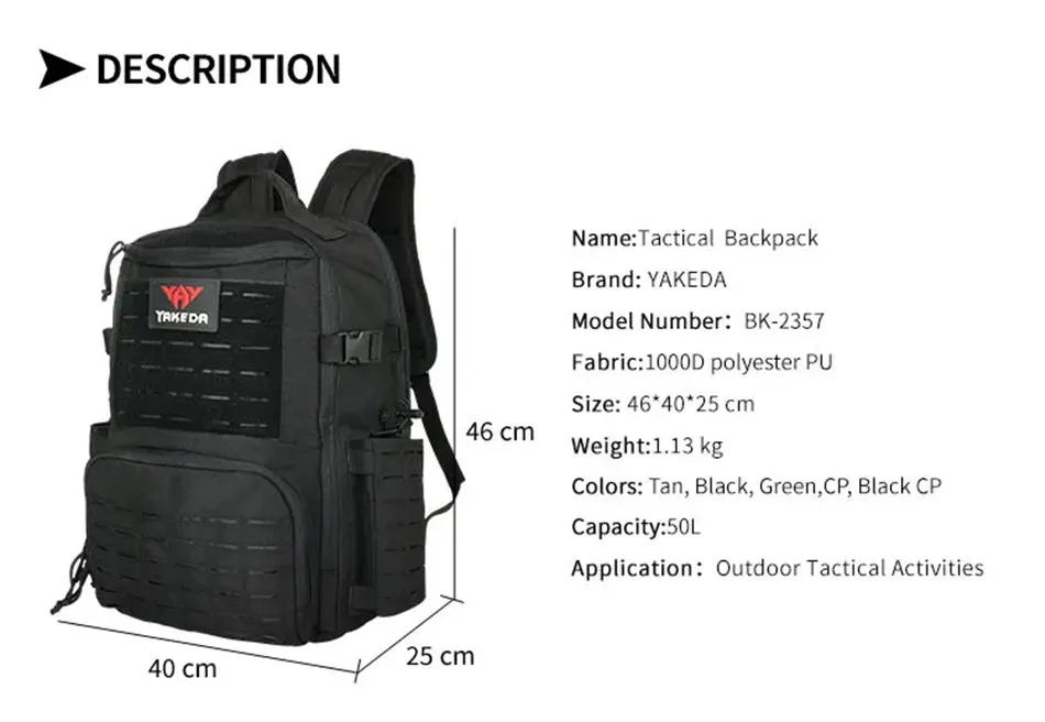 YAKEDA 1000D Polyester Tactical Backpack Laser MOLLE Water Scratch Resistant 50L Large Capacity Military Hiking Mountain Bag