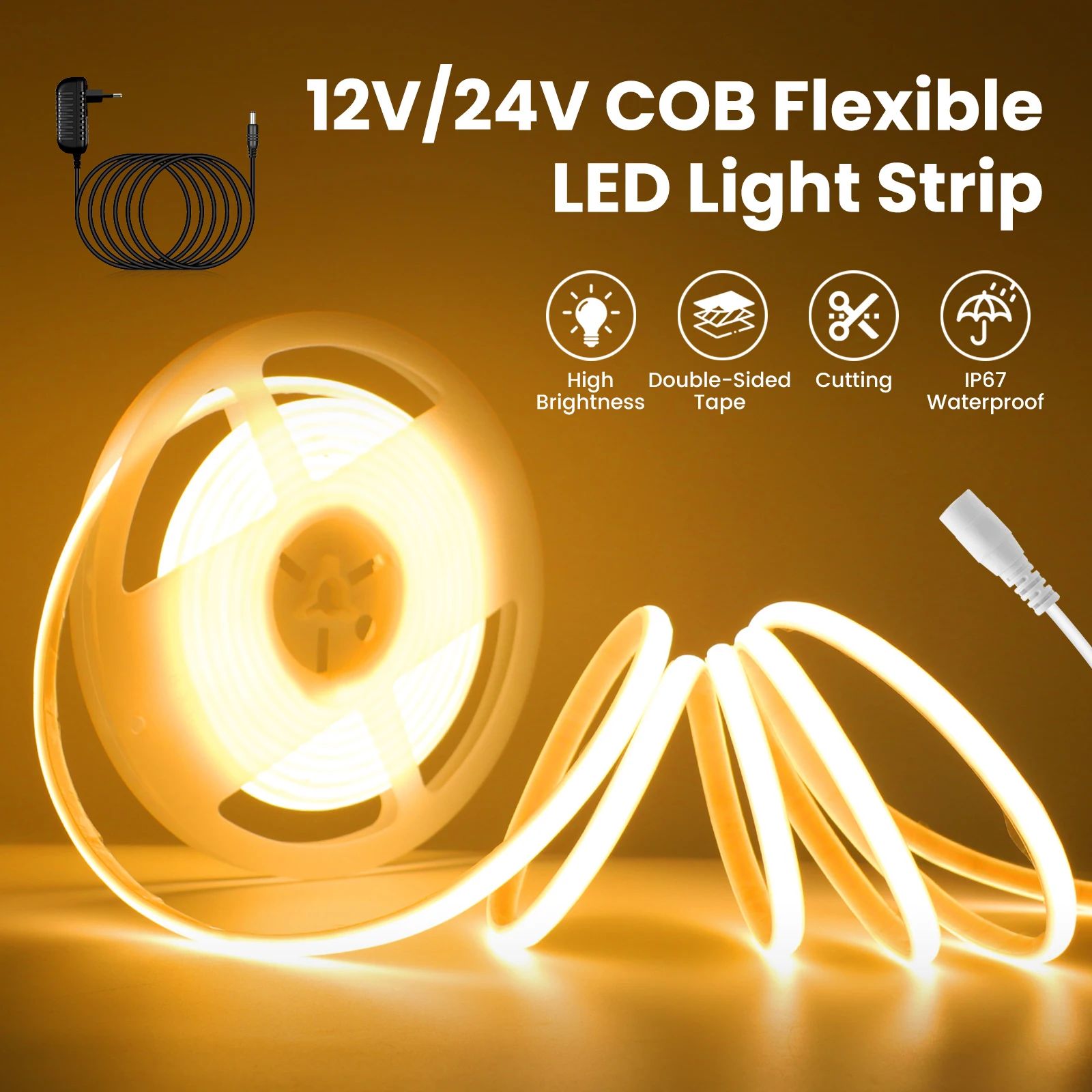12V COB LED Strip Light Flexible Tape Hight Bright 320LEDs/M EU US UK AU Power Kit IP67 Waterproof Warm Natural White Home Decor