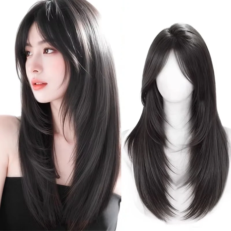 

24inch Wigs Hair Black Wig Synthehtic Black Long Straight Hair with Layers Natural Fake Women Hairpiece for Daily Use