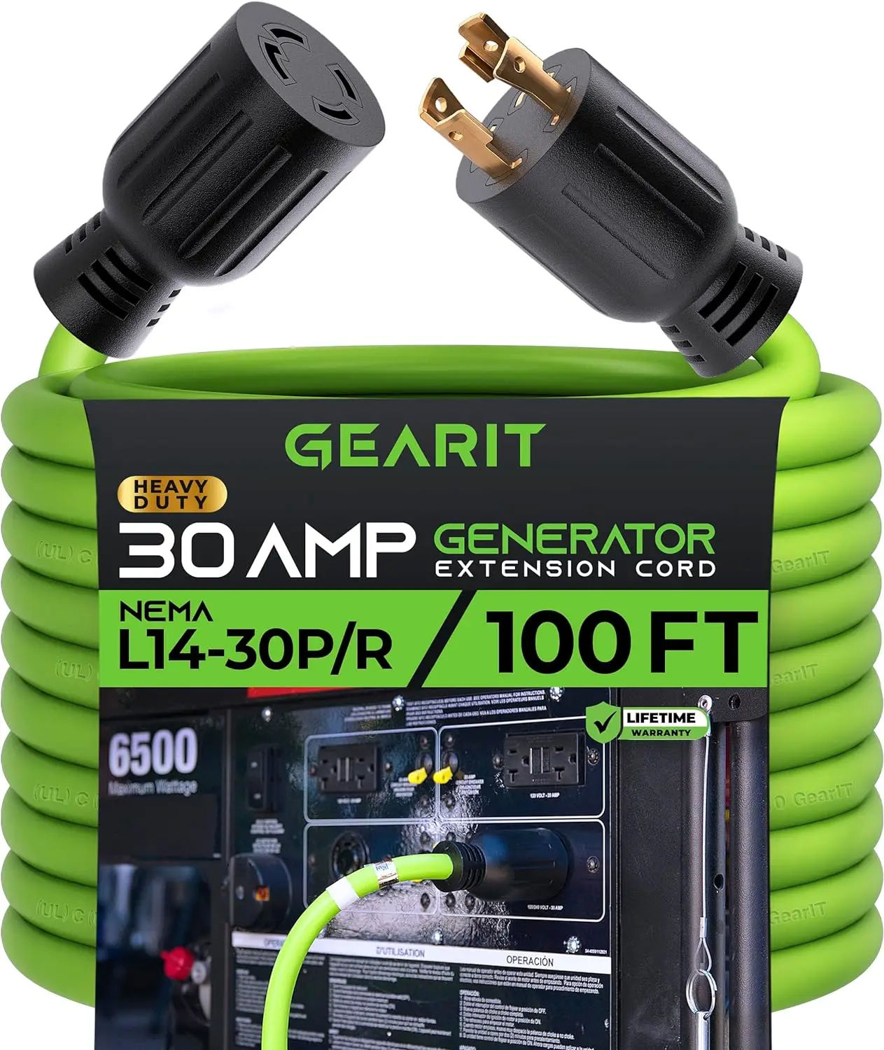 

GearIT 30-Amp Generator Extension Cord (100 Feet) 4-Prong 120/250-Volt 7500W, NEMA L14-30P/L L14-30R, 10 Gauge SJTW