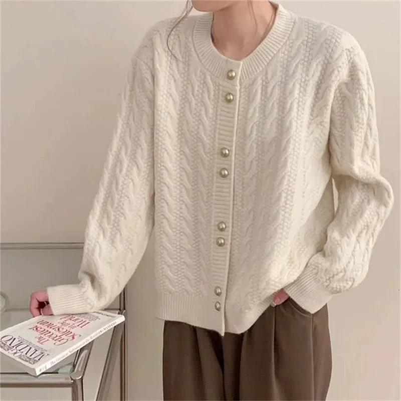 2026年韓国春婦人服ヴィンテージ長袖カーディガン女性セーターOネックエレガントニットトップファッション秋ニットウェア
