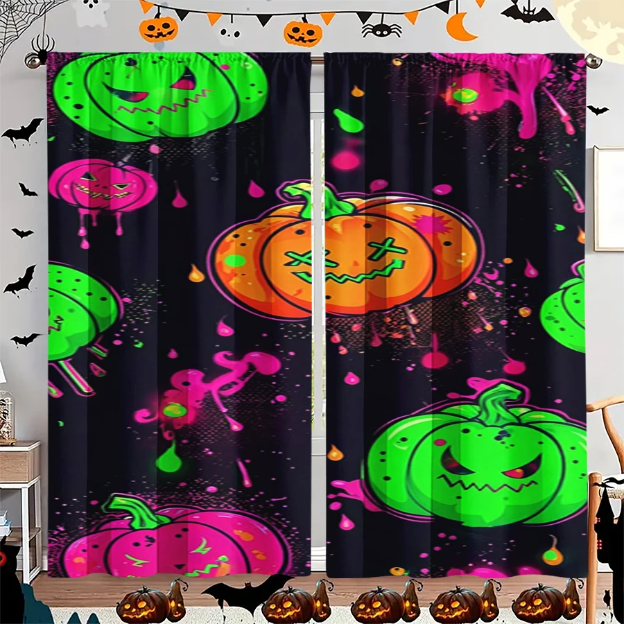 2PCS Digital Print Curtain, Neon Green Pink Pumpkin Splatter Black, Halloween Punk Pop for Bedroom Living Room Kitchen
