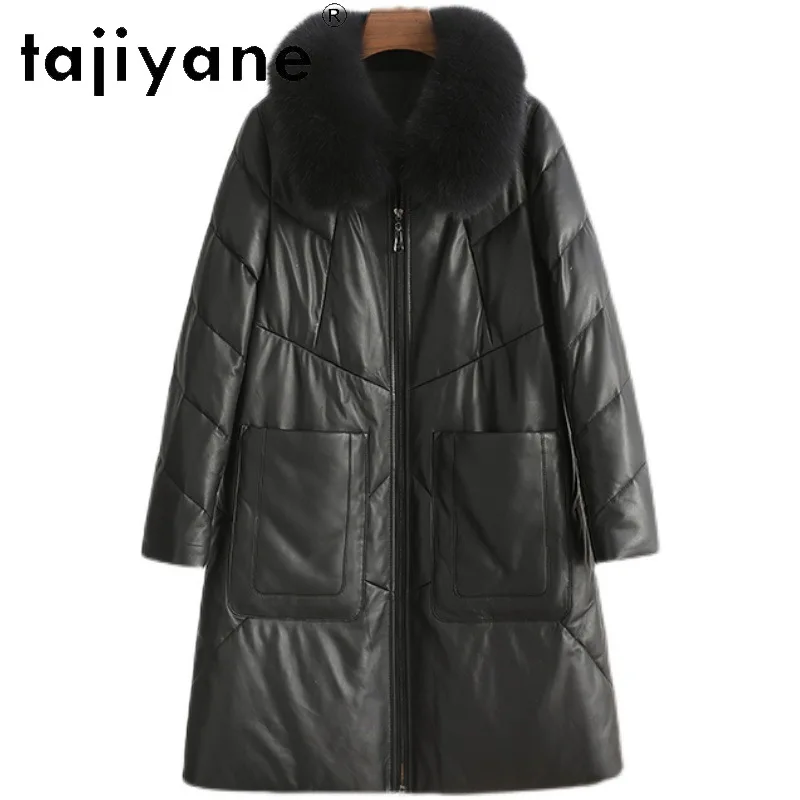 Tajiyane-Veste en cuir 100% véritable pour femme, manteau mi-long en peau de mouton véritable, col en fourrure de renard, chaud, mode hivernale