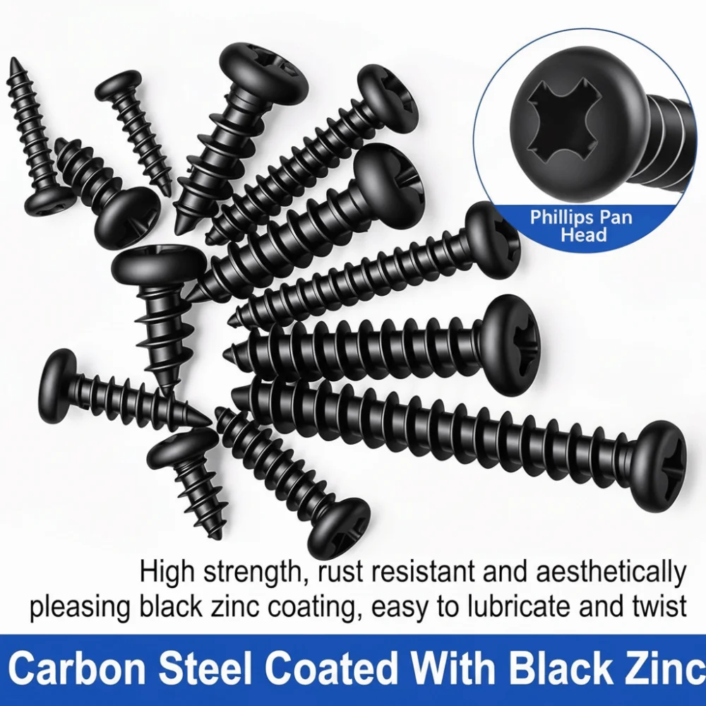 Round Head Self Tapping Screws Black Carbon Steel 14 Sizes Assortment Phillips Pan Head Screws Cross Recessed