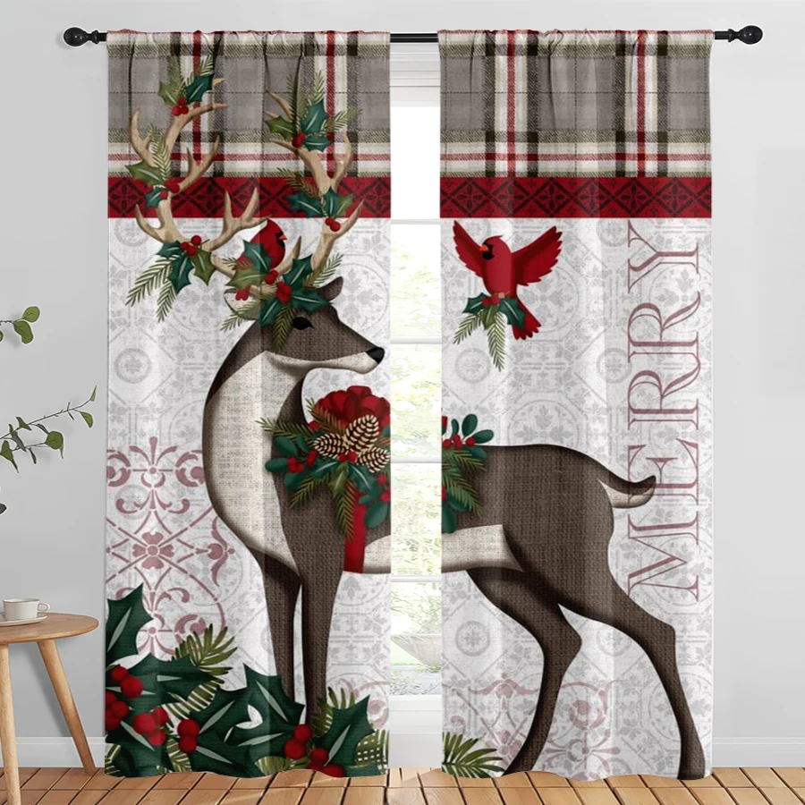 2PCS Digital Print Christmas Curtains, Plaid Reindeer Cardinal Holly Border, Rustic Country Window Drapes for Holiday Home Decor