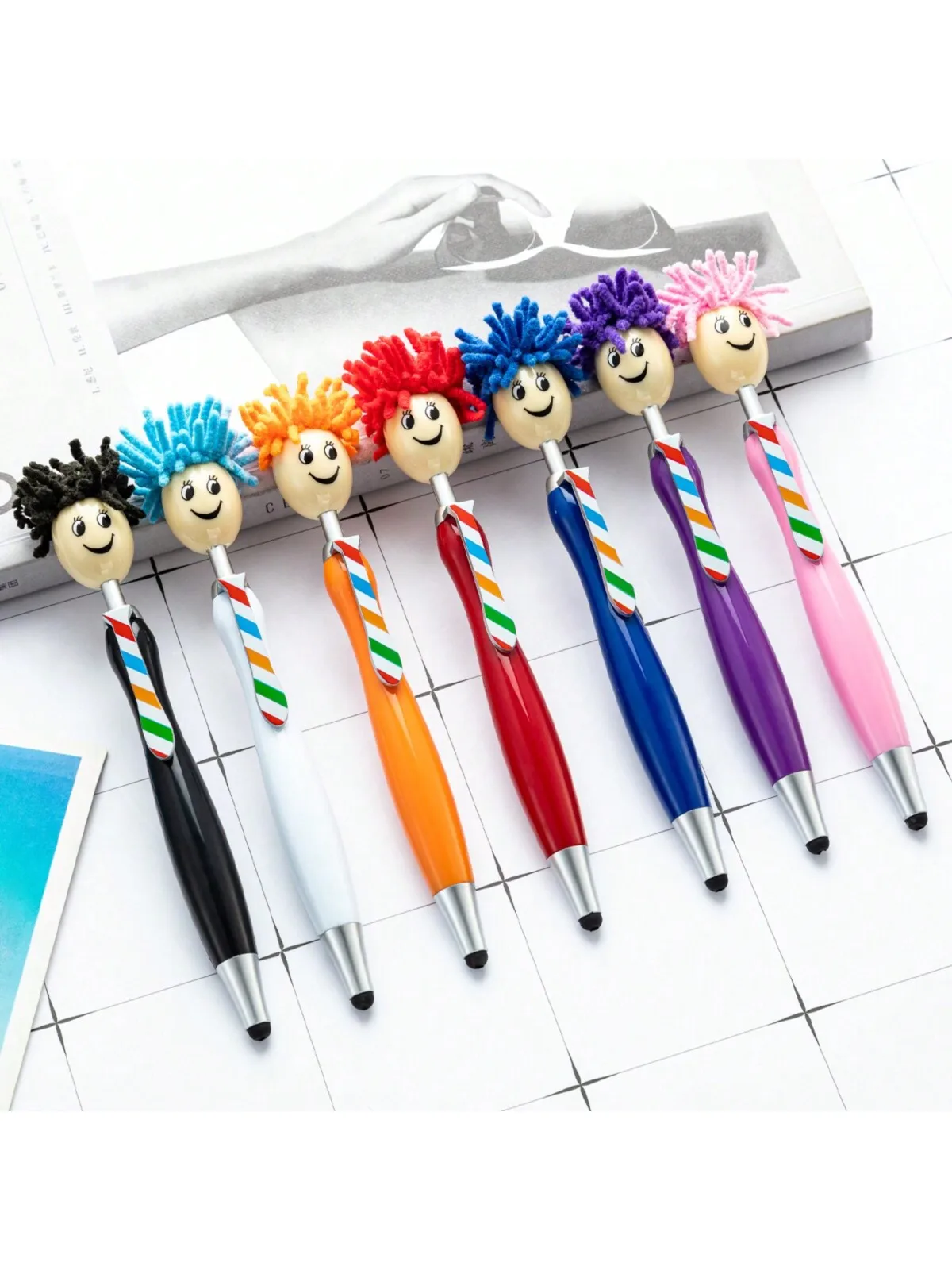 Custom Cute Plush Doll Head  Ballpoint Pen 3D Cartoon Smiley Touch Screen Stylus Gift Pen