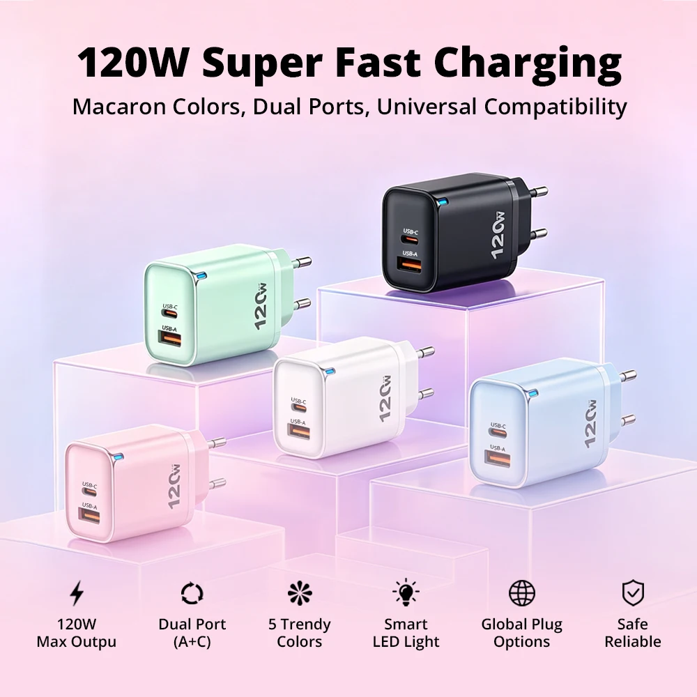 120W 2 Port USB Type C Charger Fast Charging Data Cable USB Phone Charger Adapter for Samsung IPhone Xiaomi Huawei Wall Charger