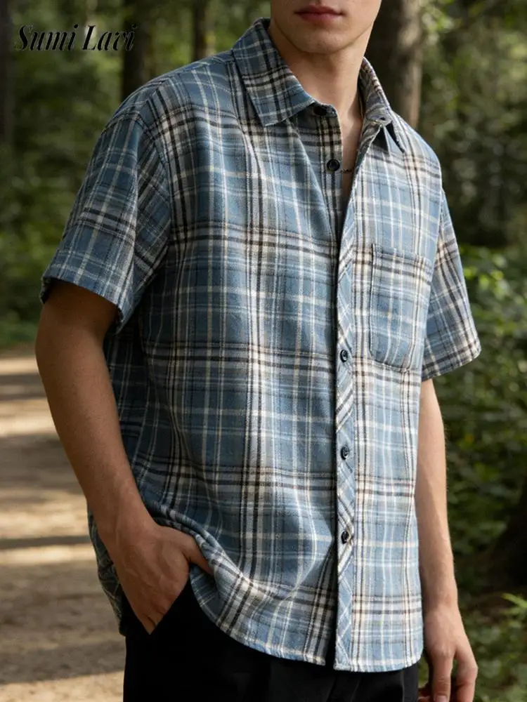 

Vintage Mens Plaid Printed Shirts 2026 Summer Casual Loose Short Sleeve Shirt Men Streetwear Fashion Button Lapel Shirt Oversize