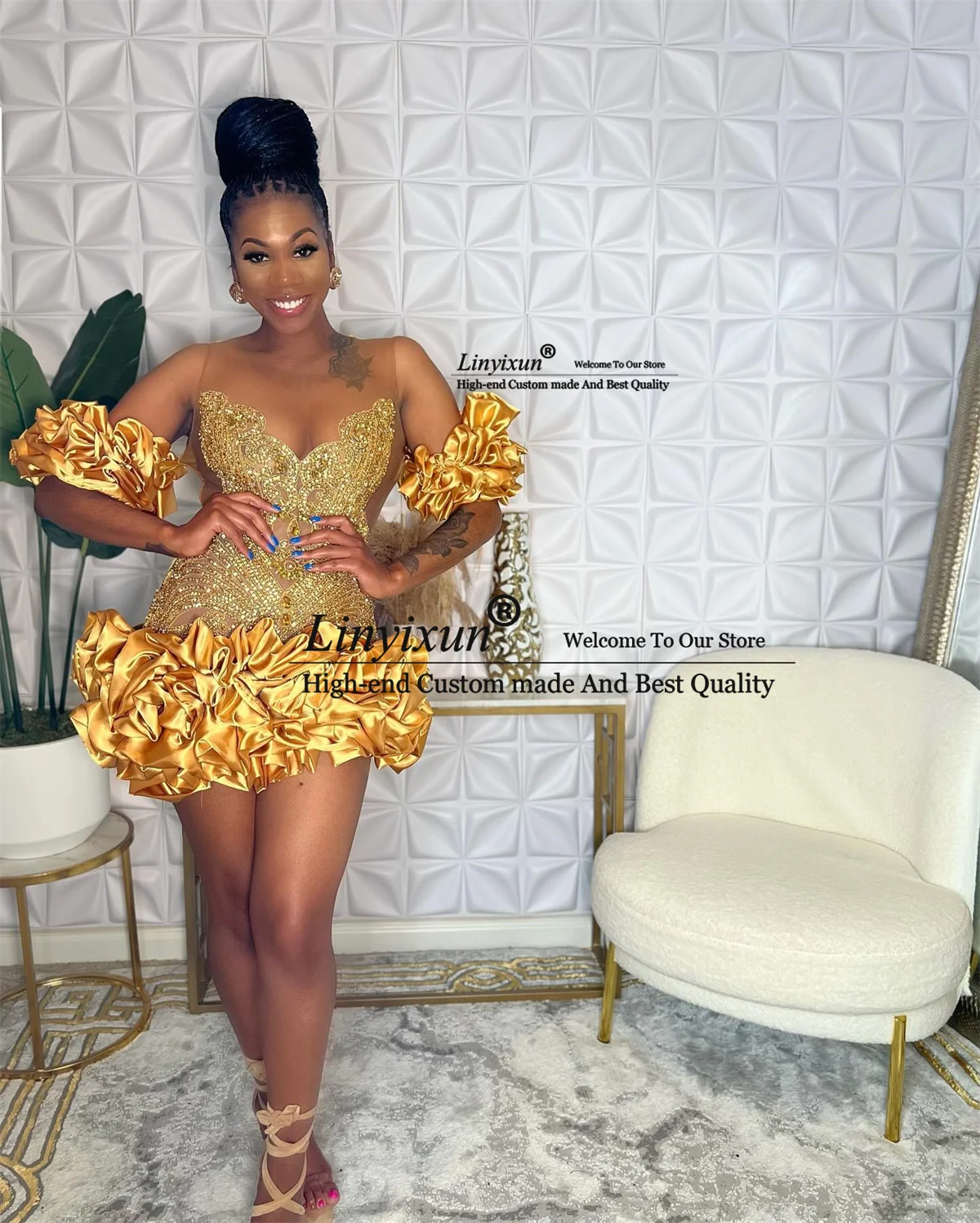 Eleganckie bufiaste krótkie sukienki balowe dla czarnych dziewczynek luksusowe zroszony Mini suknie na przyjęcie urodzinowe damskie sukienki koktajlowe na powrót do domu