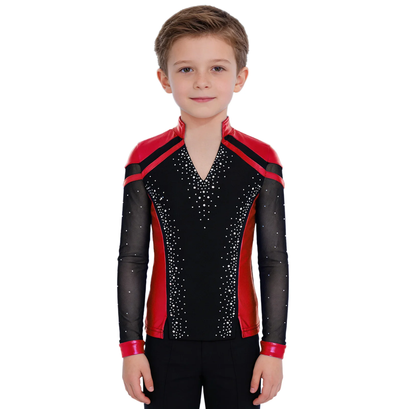 

Boys Figure Skating Costume V-Neck Long Sleeve Split Hem Shiny Rhinestones Metallic Color Block Top for Competition Performance