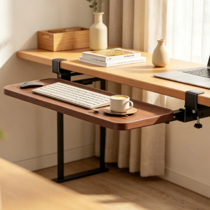 No Drill Keyboard Tray, Clamp on Under Desk Extension Shelf with Mouse Pad, Side Mount Steel Black for Office Workstation