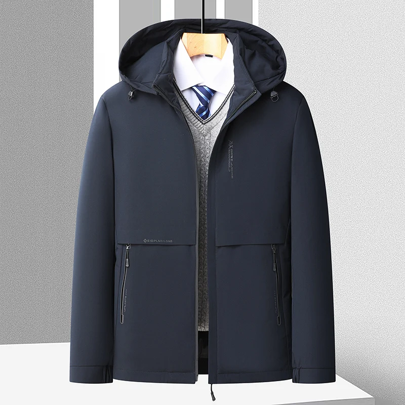 Men's Modern Business Casual Thick Hooded Warm Down Jacket for Middle Aged Senior Outdoor Comfort Down Jacket