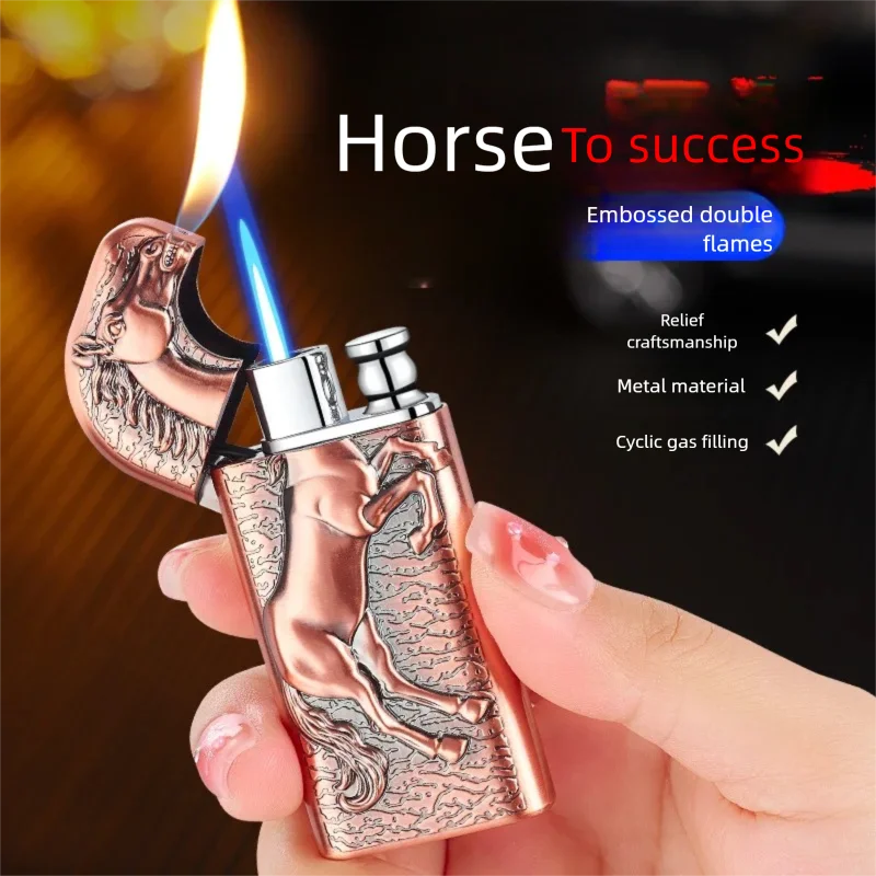 2026 NEW Men's gift wholesale metal three-dimensional relief horse straight conversion open flame inflatable lighter