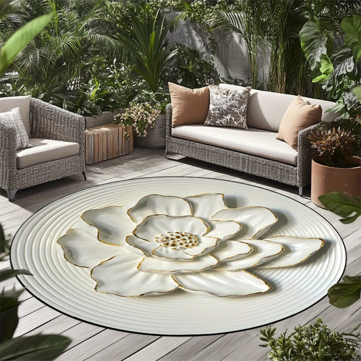 White Golden Lotus Round Area Rug - 2D Printed Non-Slip Floor Mat for Bedroom Living Room & Outdoor Decor, 1PC