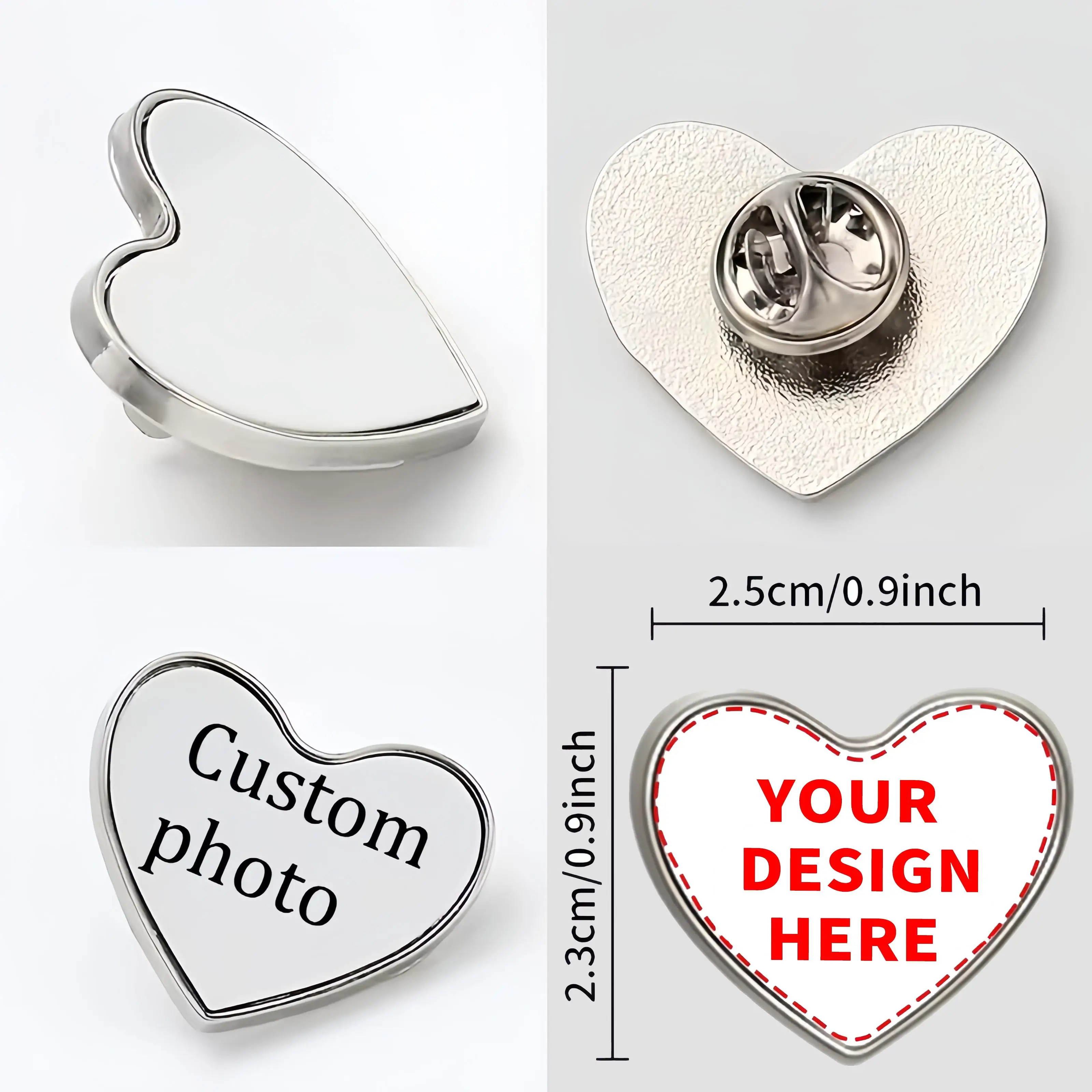 Custom Photo Heart‑Shaped Butterfly Clasp Metal Brooch Personalized Badge for Bags Hats Clothing Perfect Birthday Promotion Gift