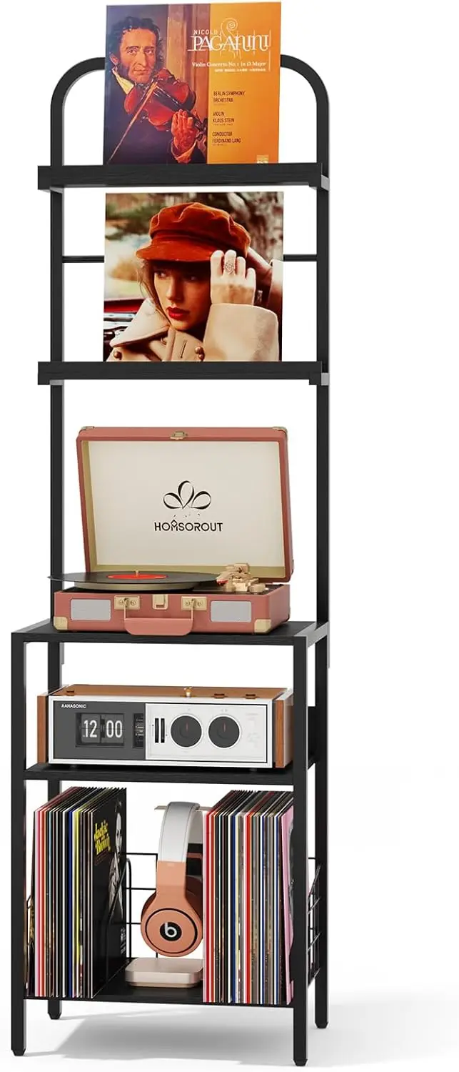 5-Tier Turntable Stand with Vinyl Storage, Adjustable Feet, Metal & Wood Cabinet for Living Room