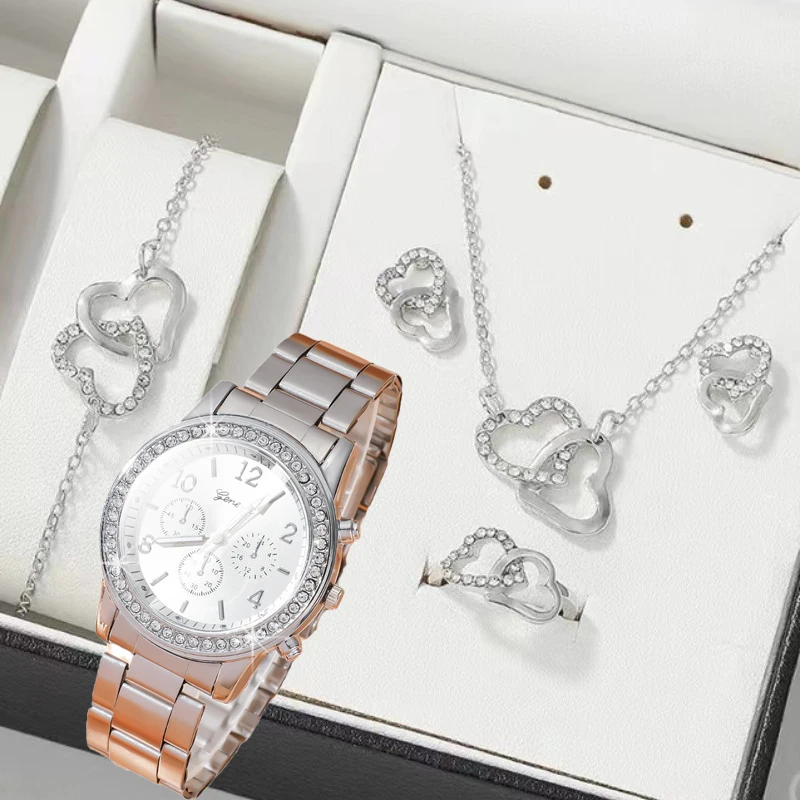 6pc Dainty Quartz Watch With Heart Jewelry Set For Women Rhinestone Watch Double Heart Necklace Bracelet Earrings Ring Set