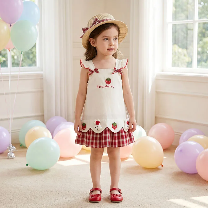1-5T Kids Summer Dress Sweet Grid Ventilate Children Clothes Cartoon Bunny Strawberry Girls Pinafore Dress