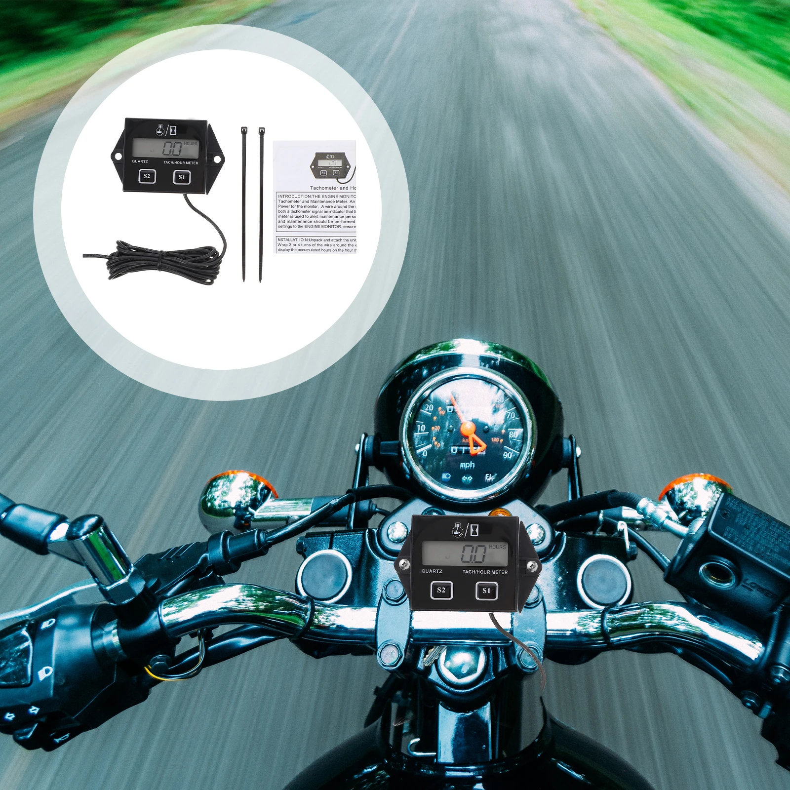 

1Pc Portable LCD Display Spark Plugs Tach Hour Meter Tachometer Gauge for Motorcycle ATV Boat Generator (Black)