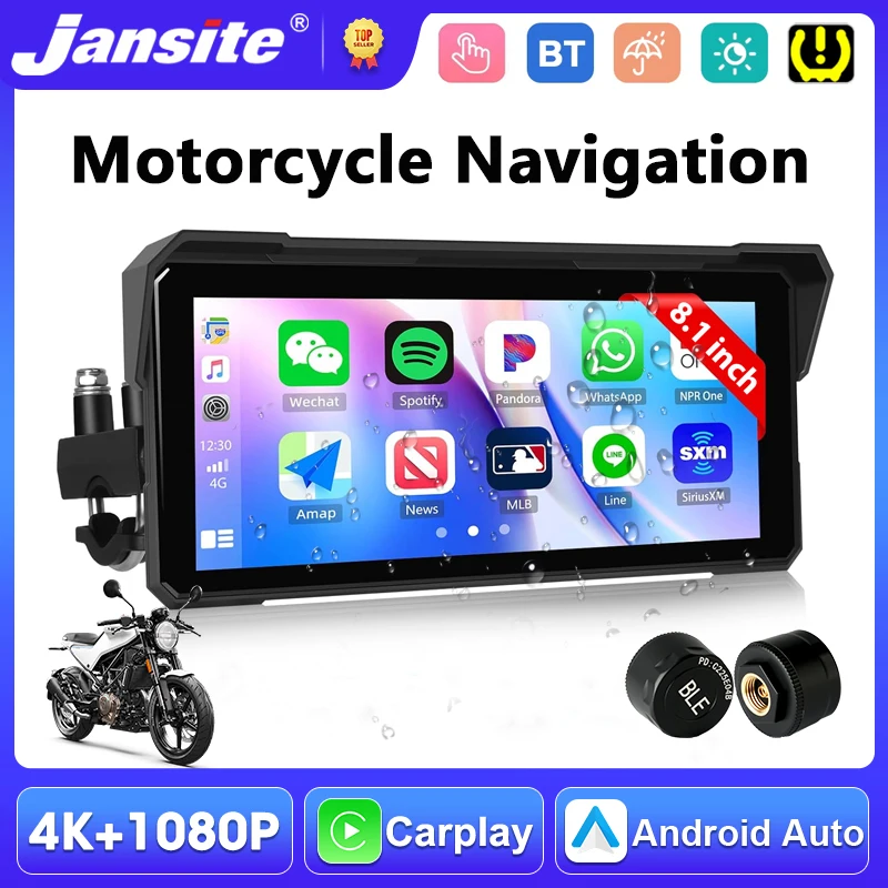 Portable 8.1 inch 4K Motorcycle DVR GPS Navigation Carplay Screen Android Auto Dual Bluetooth TPMS Moto Monitor IPX7 Waterproof