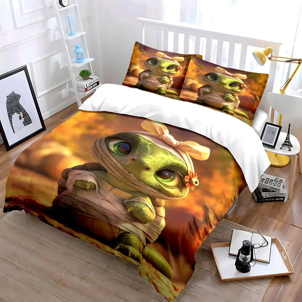 Turtle with head bow and bandage Bedding Set for Kids Luxury Gift 3pcs Digital Print Comforter Set Soft Comfortable Breathable