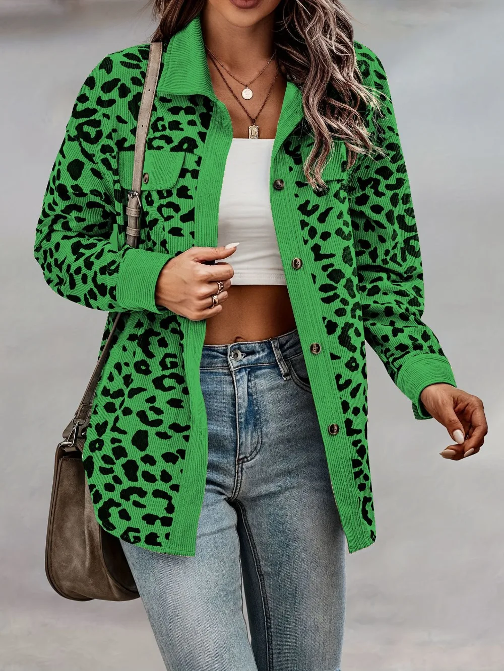 Women's Autumn Winter Corduroy Jacket Lapel Collar Leopard Print Long Sleeve Button Down Street Style Casual Fashion Shirt Coat