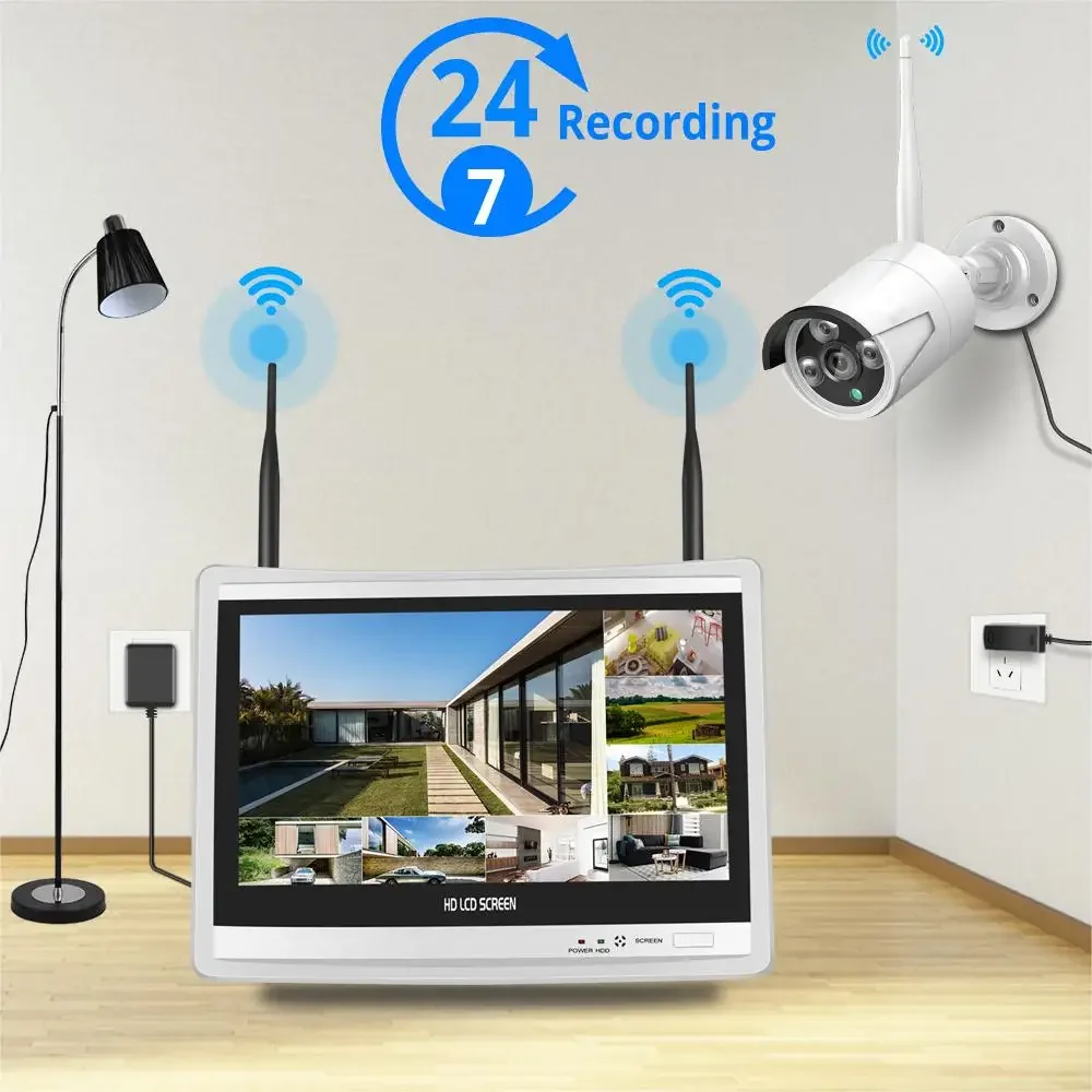 Kamera CCTV Hd 1080p Ai manusia, kamera IP 4 8 ch Wifi Nvr Kit 12.5 inci Lcd penglihatan malam nirkabel keamanan rumah sistem kamera CCTV