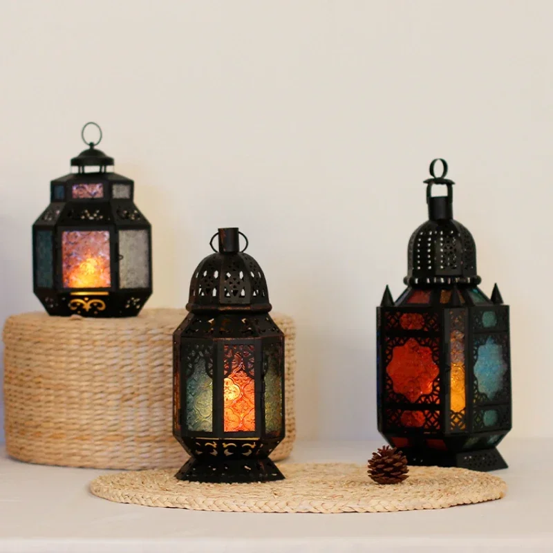 A variety of wrought iron hollow stained glass wind lamps