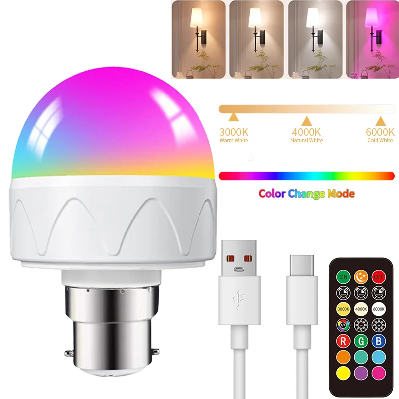 B22 Rechargeable LED Remote Control Magnetic Bulb, 13 Colors+Timing Mode, Used For Wall Lights, Non Hard Wired Design