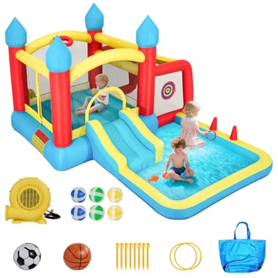 Casa inflable de rebote para 3 6 6 en 1, casa hinchable con tobogán y soplador, pared de escalada, baloncesto y juego de fútbol Infla