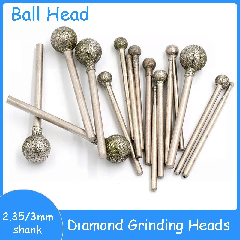 5/10PCS 0.5mm-12mm Ball Round Diamond Burr Grinding Bit 2.35/3mm Shank F-Pin Spherical Diamond Grinding Head