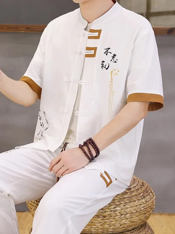 Men's Short Sleeve Casual Shirt And Pants Set Summer Thin Collar Stand up Button down Lightweight Polyester Zen Buddhist Style
