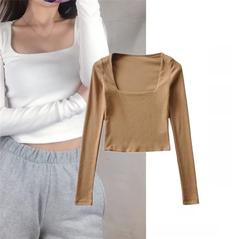 

High Waist Slim Fit Long Sve T-irt Women's ort Sle Vintage Square Collar Base irt Spring Autumn Street Sle Cotton