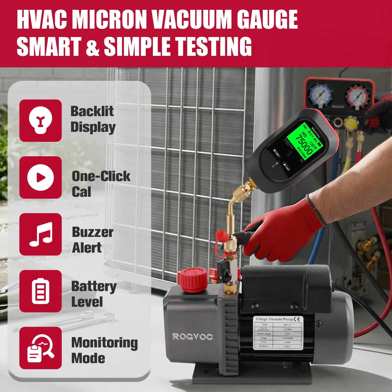 RV-VG200 Digital Vacuum Gauge HVAC Micron Vacuum Gauge Tester  Digital Vacuum Micron Gauge Set with Buzzer Alarm