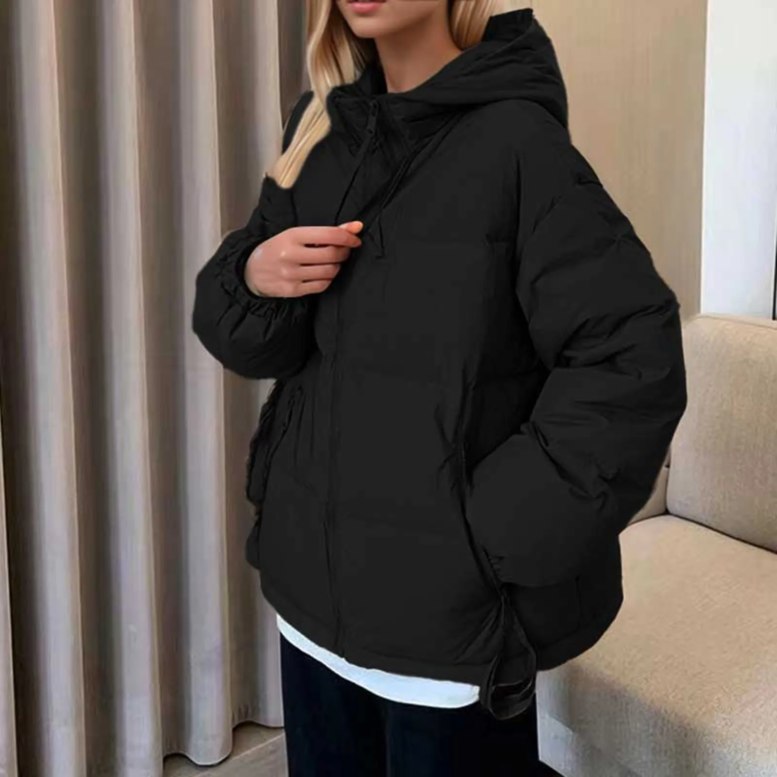 

Ladies Winter Thickened Cropped Quilted Jackets New Stylish Warm Coats Solid Color Hooded Loose Fit Casual Women's Parkas