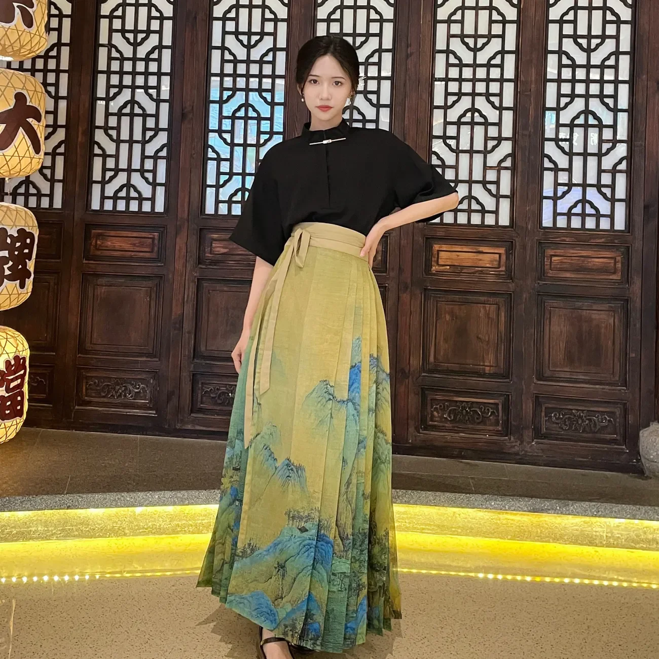 Summer Modern Black Shirt Green Printed Horse Face Skirt 2-piece Female Elegant Traditional Chinese Hanfu Chinese Dress Vestido