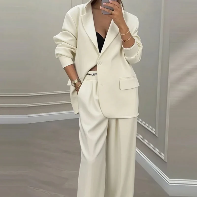 

Темпераментный женский брючный костюм, свободный однотонный осенне-зимний топ с длинными рукавами и лацканами, широкие брюки, комплект из двух предметов