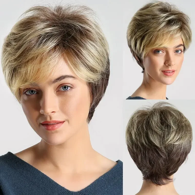 

Женские модные короткие парики с челкой, светло-коричневый, двухцветный, прямые синтетические волосы, костюм, парик для вечеринки