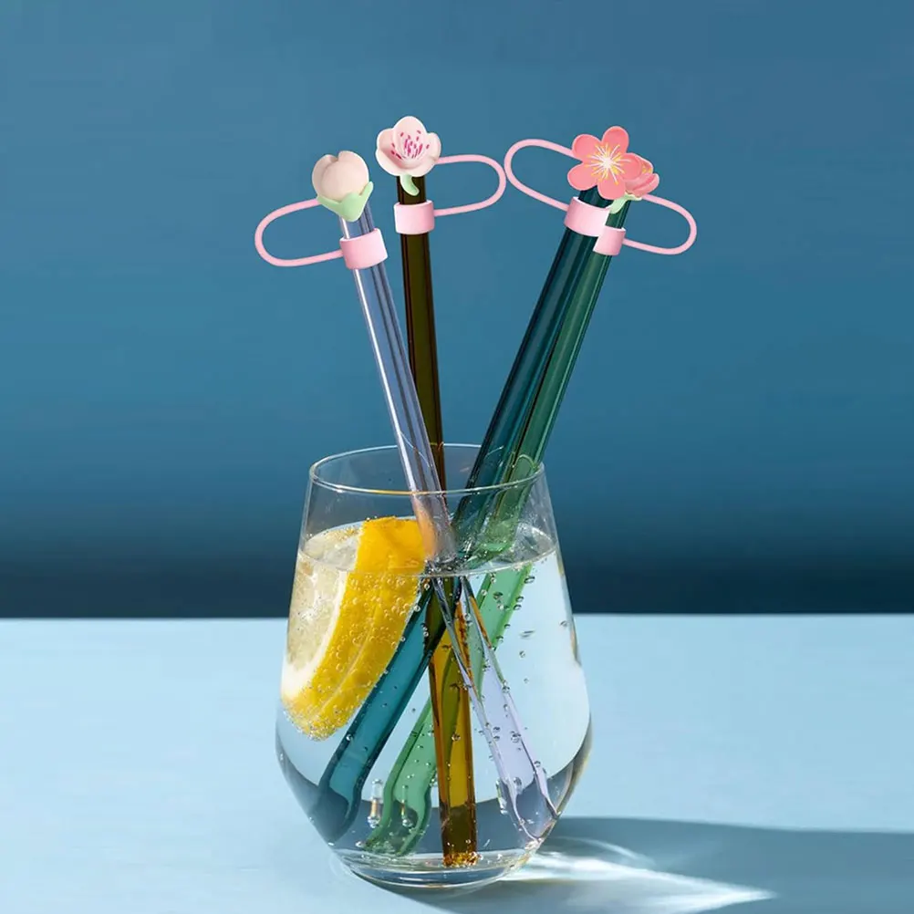 

8Pcs Cherry Blossom Peach Blossom Silicone Straw Toppers Reusable Dust Plug Caps for Home Office Drinkware Accessories Straw
