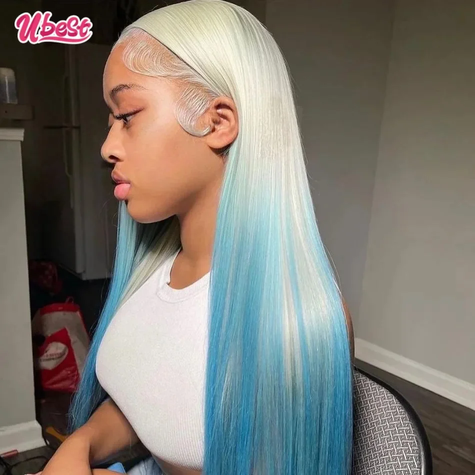 13x6 Ombre 613 Sky Blue Straight Lace Front Human Hair Wig 180%Density Brazilian Body Wave Transparen Lace Frontal Wig For Women