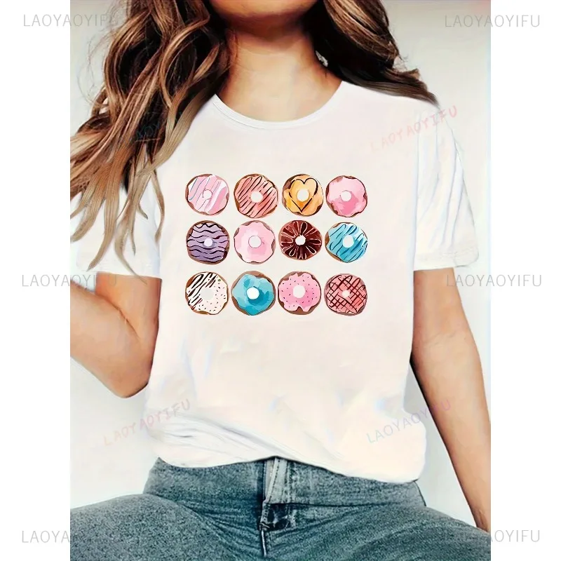 

WomenS Cartoon Donut Pattern TShirt Casual Breathable Style Summer Round Neck Vintage Short Sleev Street Fashion Cotton Tees