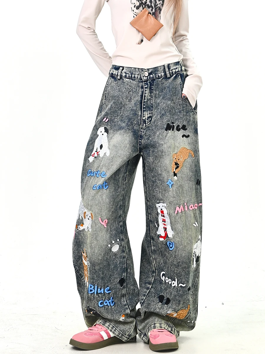 

Waed Denim Jeans Women Loose Floor-Length Pants Spring New Sle Embroidery No-M Dog Casual Streetwear Korean Sle