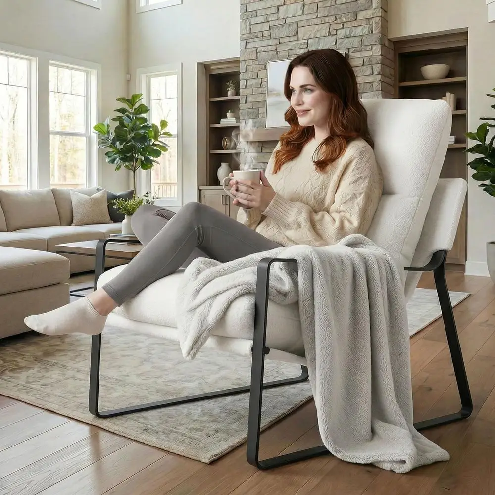 1-Pack ern Sherpa Accent Armchair, White | Sherpa Upholstered Living Room Chair With Metal Base & Thickened Cushion, Comy Single