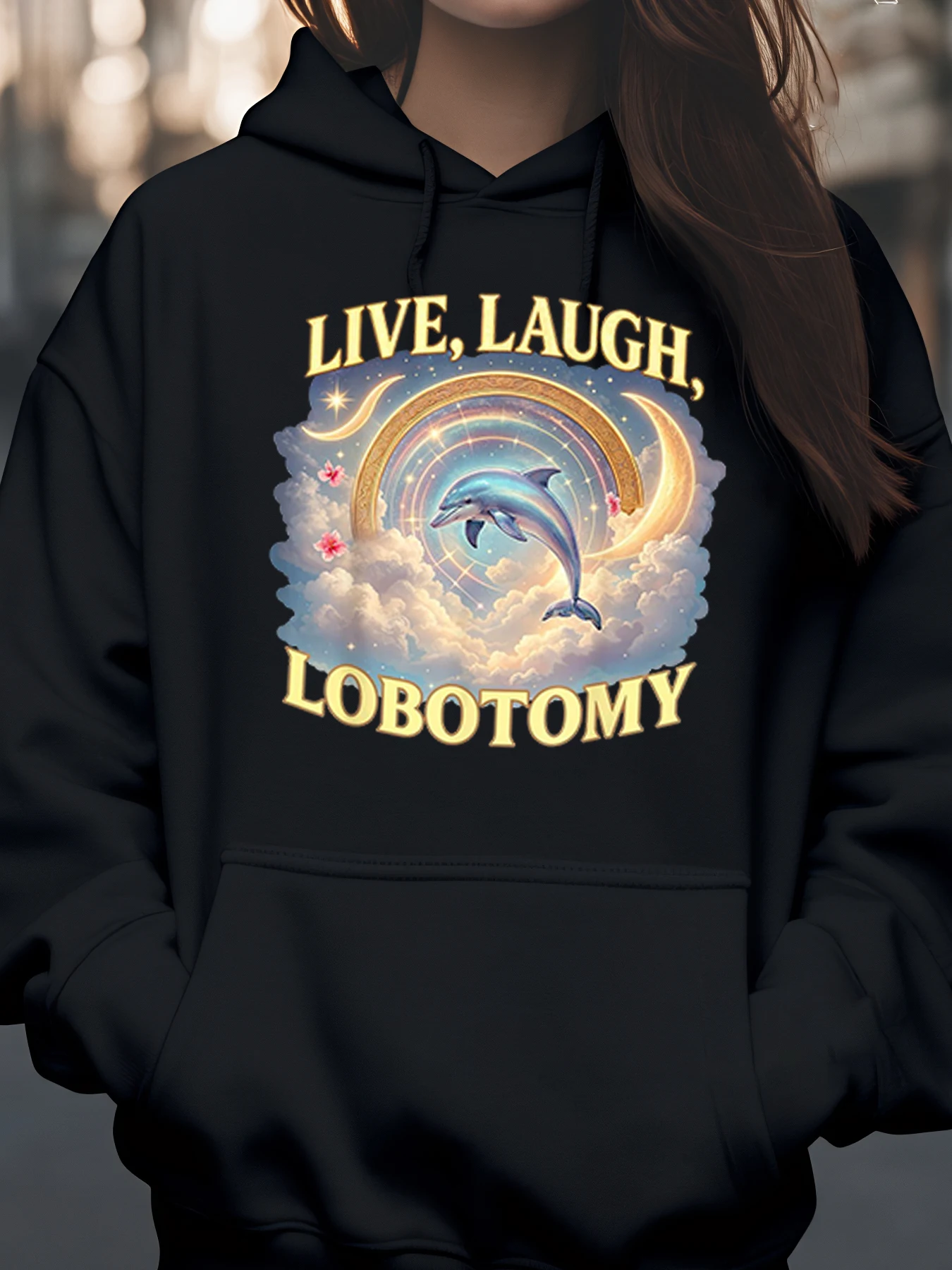 Dolphin Rainbow Live Laugh Lobotomy プリント パーカー カジュアルウェア ユニセックス ストリートウェア