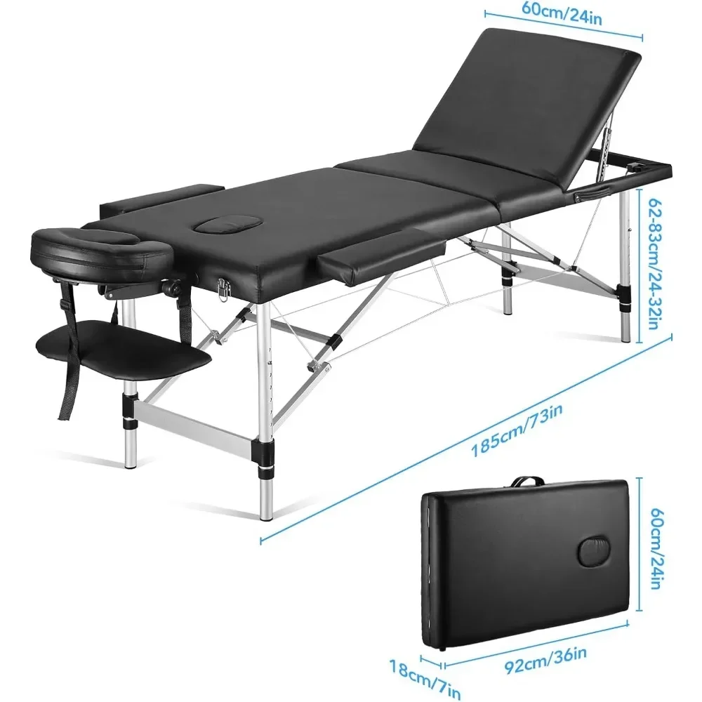 Portable Massage Table Professional Massage Bed 3 Fold 82 Inches Height Adjustable for Spa Salon Lash Tattoo Carrying Bag Black