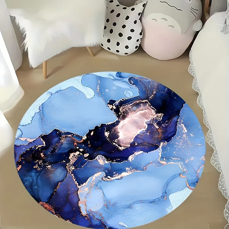 Luxury Gold Black Marbling Fluid Painting Circular Area Rug  Abstract Glitter Foil Wave Round Mat Contemporary Indoor Floor Rug