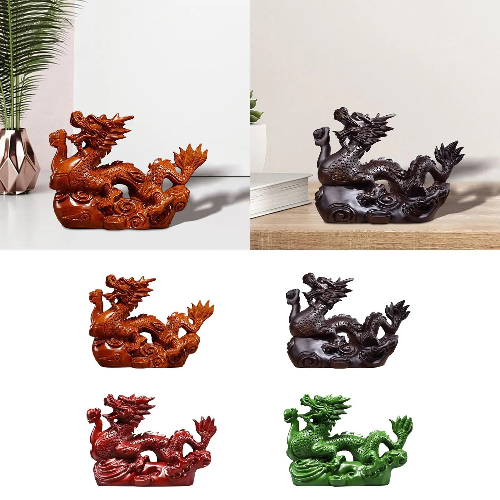 Chinese Dragon Figurine Wooden Sculpture Car Dashboard Decoration Tabletop Ornament for Office