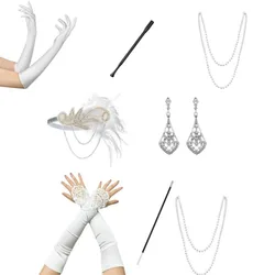 1920s Gatsby Party White Feather Glove Set Bride Accessory Set Flapper Girl Dress Headband Smoke Rod Necklace Earrings