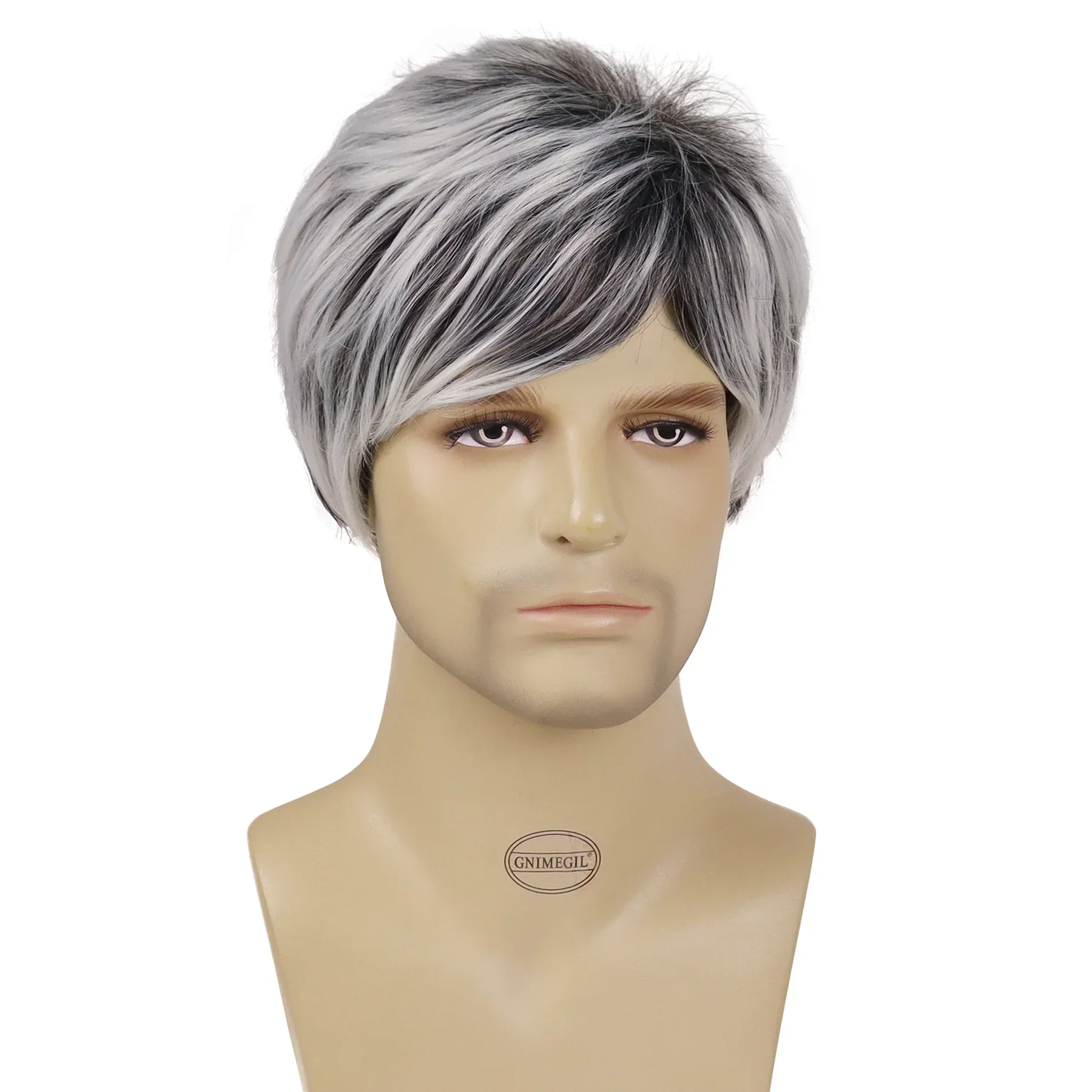 Synthetic Hair Wigs Short Haircuts Men Mix Grey Wig with Bangs Blanche Wig Older Man Cosplay Costume Wigs Ombre Gray Wig Male