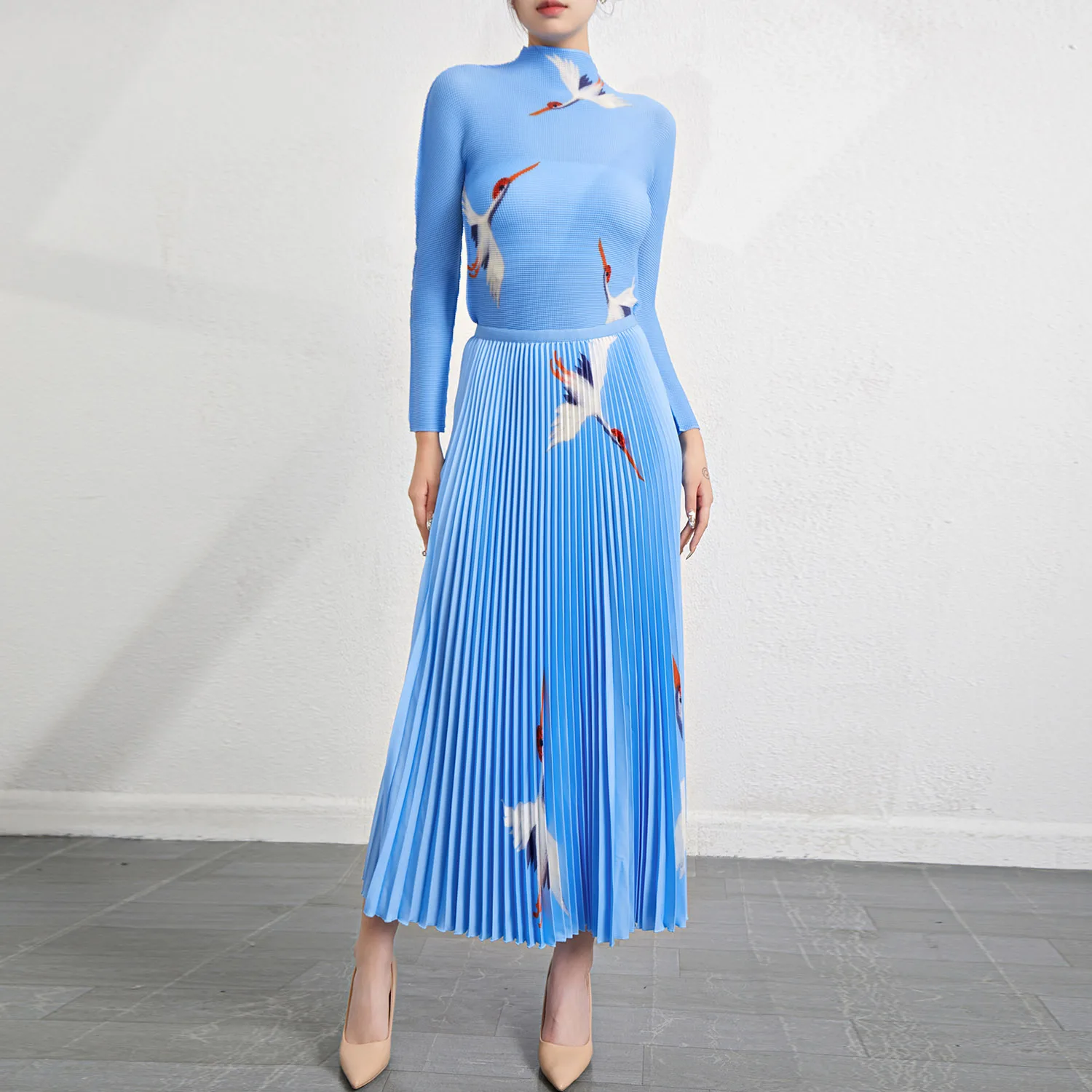 High Quality Miyake Pleated Design Set Chinese Crane Print Pleated Top and Long Pleated Skirt 2 Piece Set